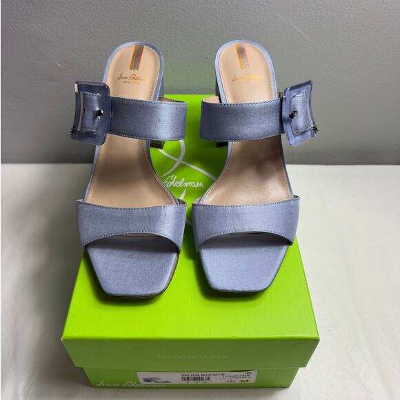 New Sam Edelman Dalton Blue Satin Slip On Block Heel Sandals Women's Size 10 - Picture 2 of 10